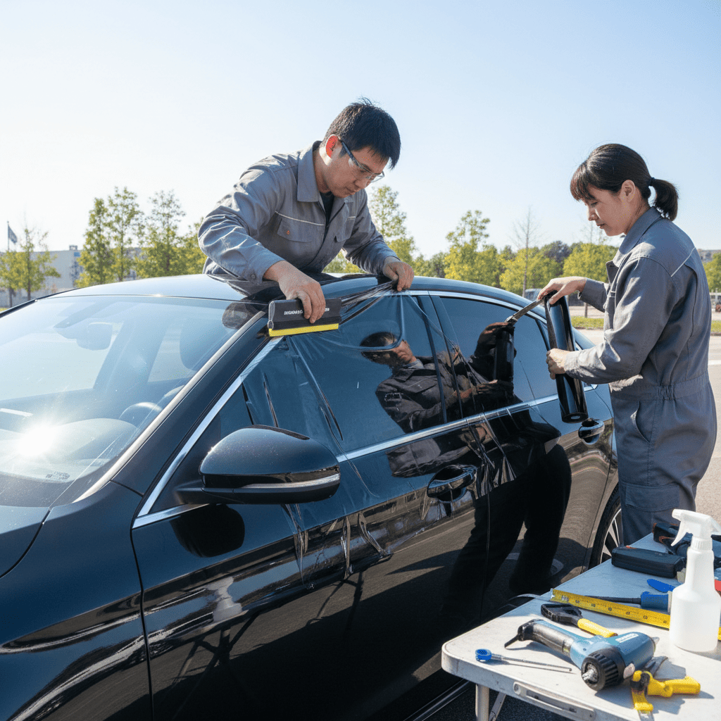 Two technicians applying window film on a car.
