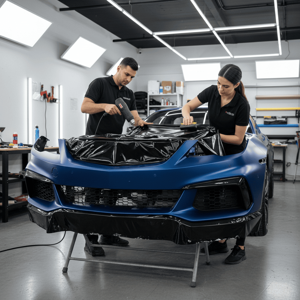 Two people applying vinyl wrap on a car.