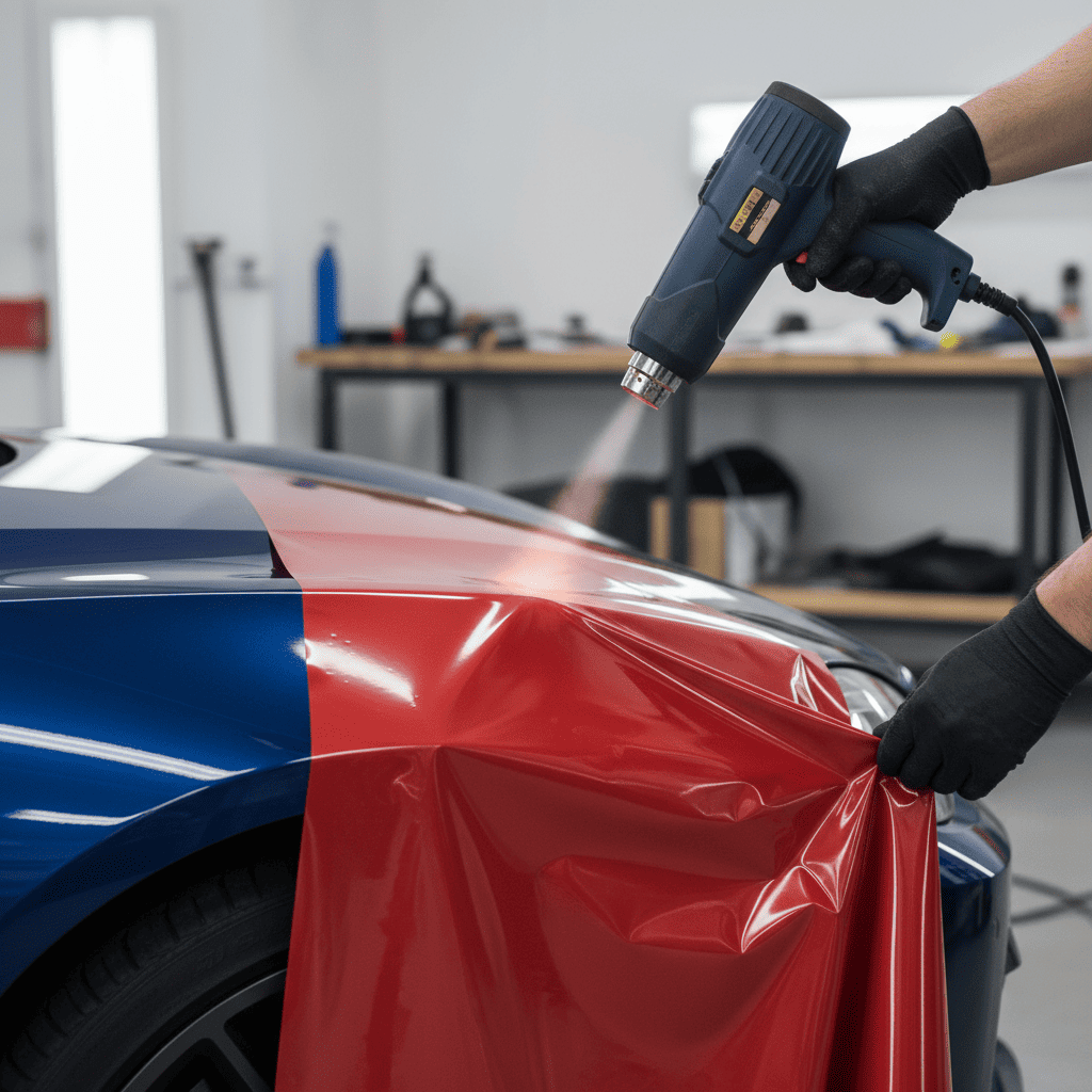 Applying red vinyl wrap to a blue car.