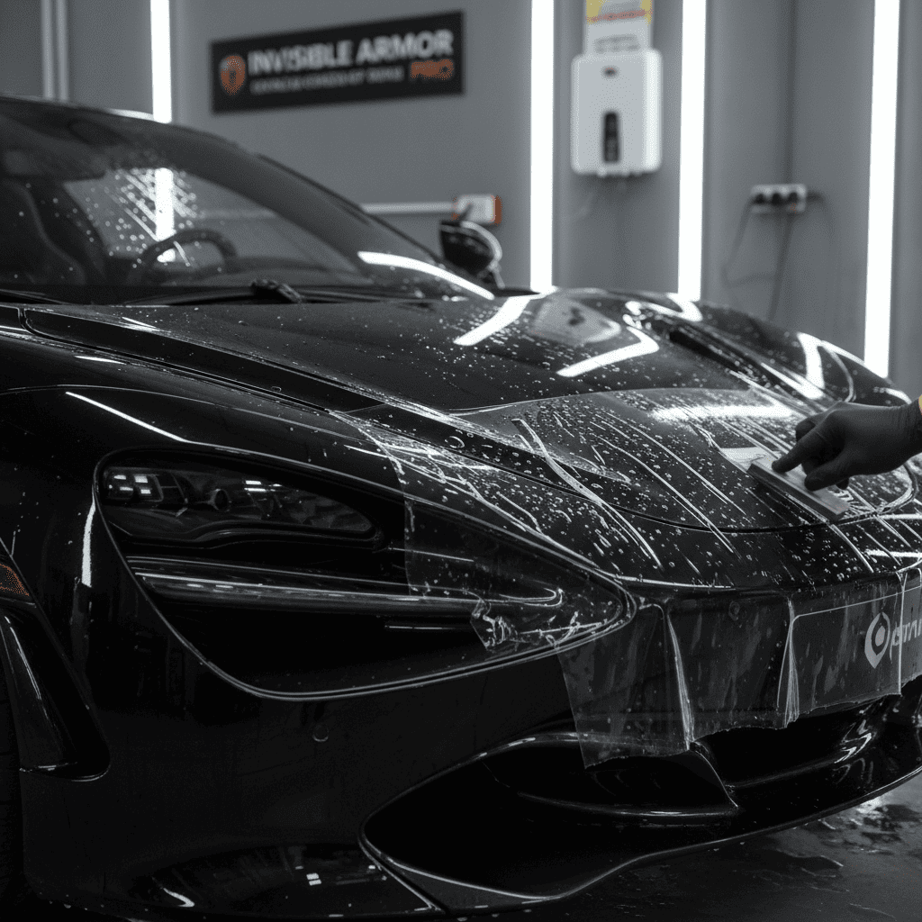 Applying protective film to a black sports car.