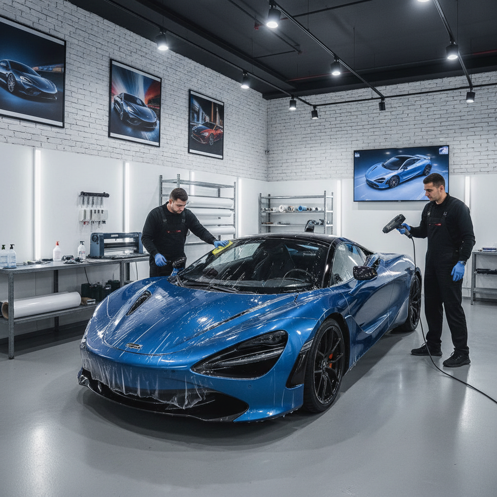 Two professionals detailing a blue sports car.