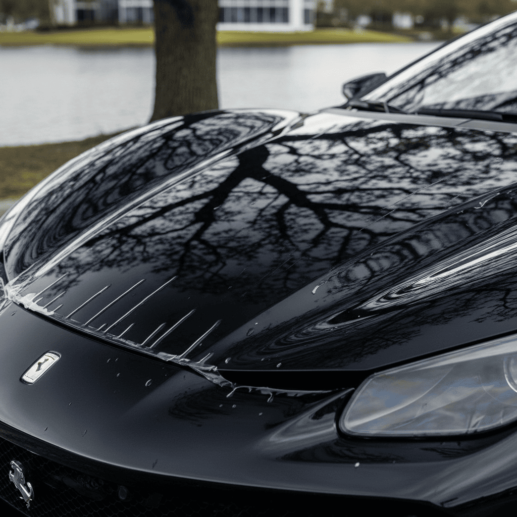 A split-screen image showing the flawless, mirror-like clarity of good PPF versus the textured, hazy look of a cheap film