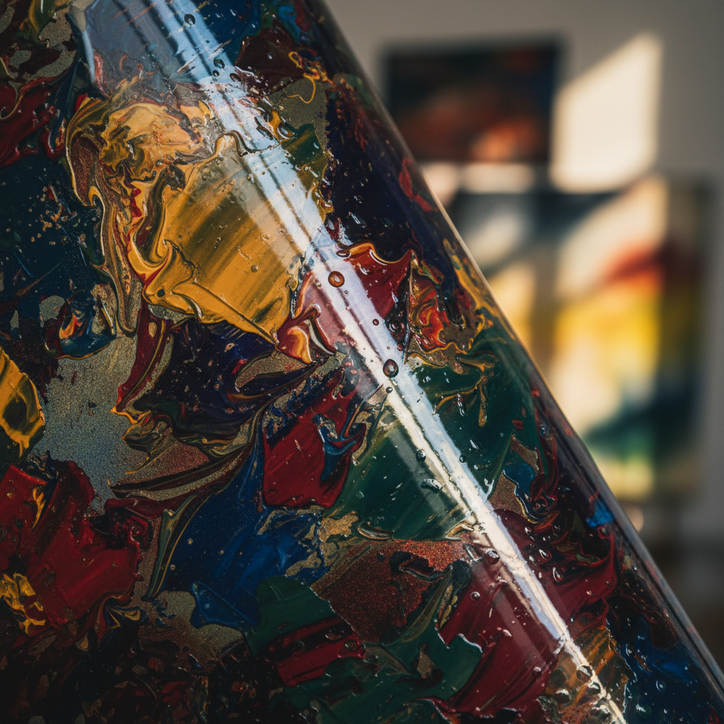 A close-up side-angle shot of a TPU-wrapped car panel, showing the deep reflection and clarity of the finish