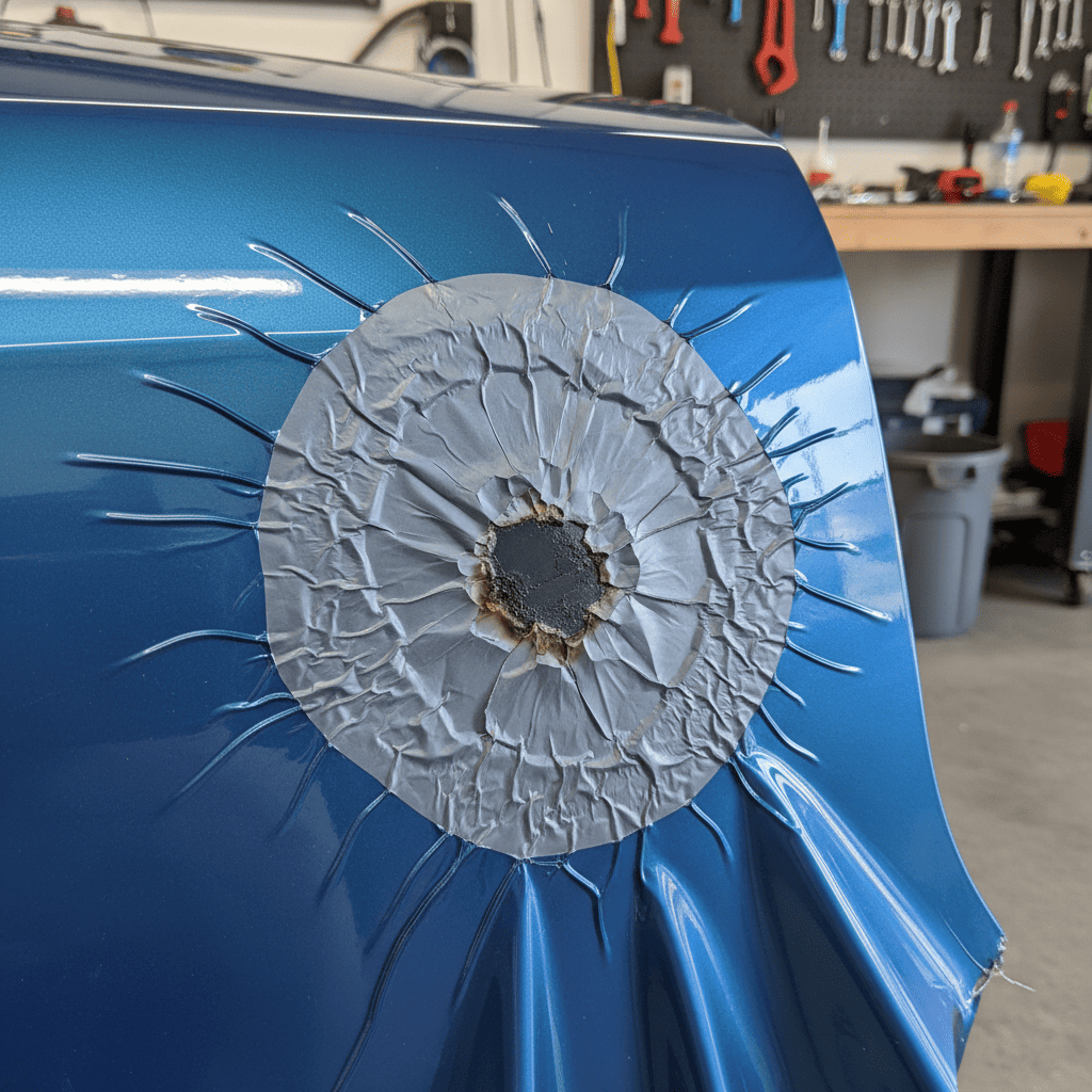 A close-up shot of a matte black vinyl wrap showing a shiny, dented spot caused by improper spot-heating