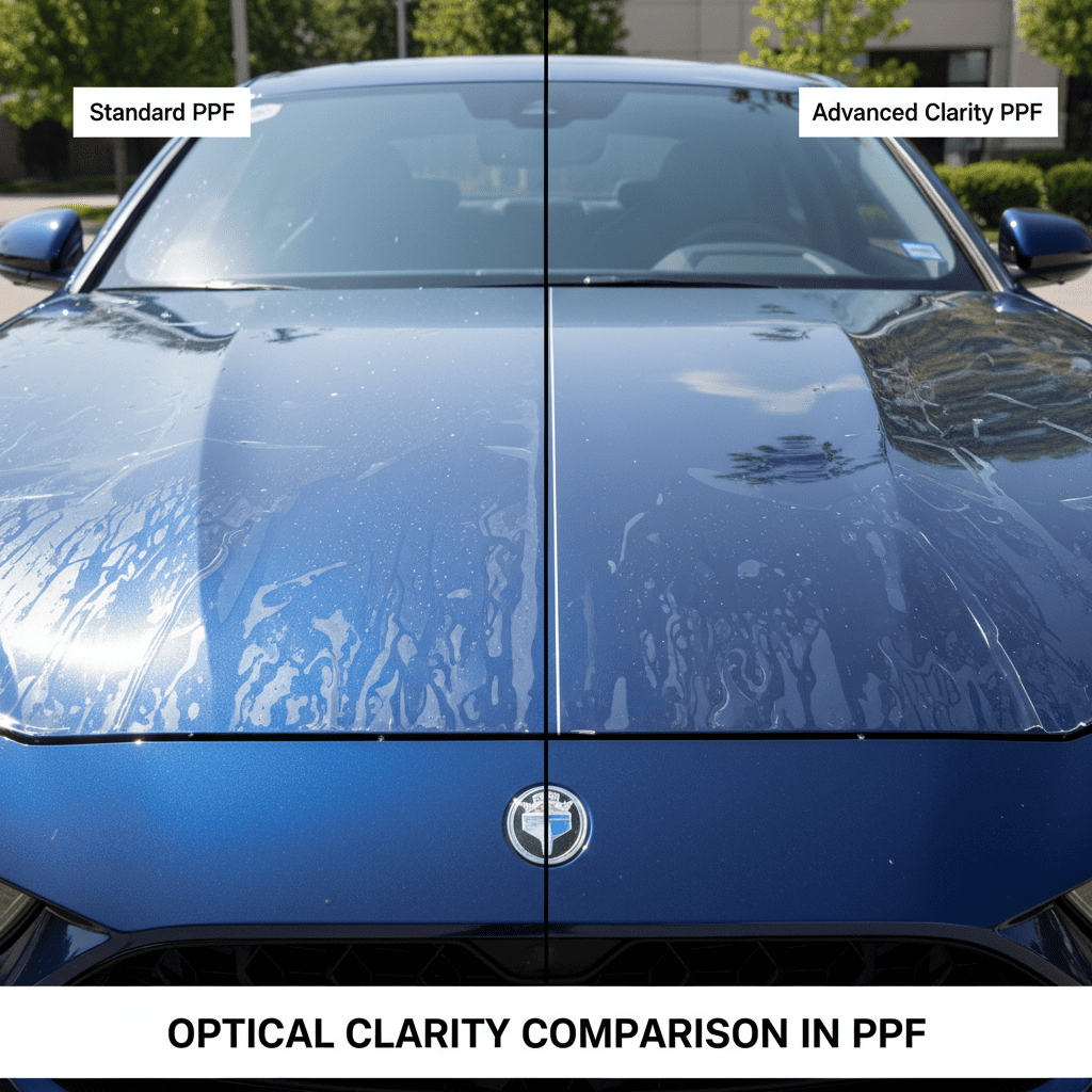 A close-up shot comparing a crystal clear TPU film against a hazy, lower-quality film