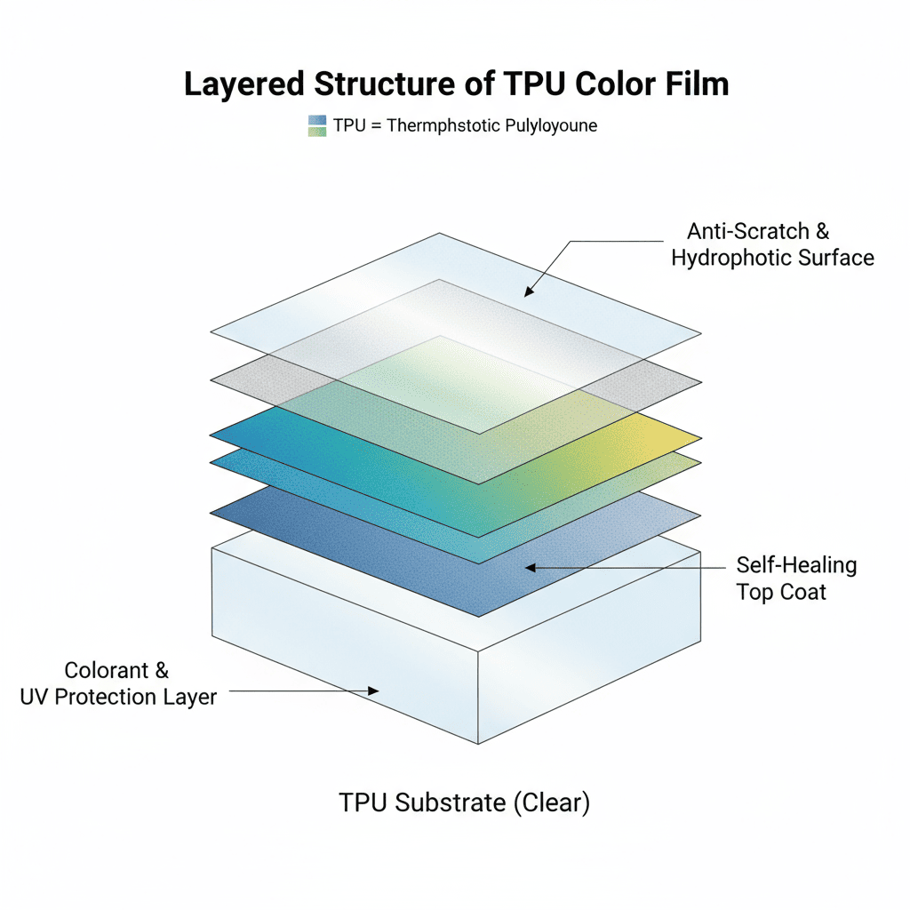 A diagram showing the different layers of a TPU color film: adhesive, TPU base, color layer, and [self-healing](https://iawconcord.com/how-self-healing-technology-in-ppf-works/)[^5] top coat