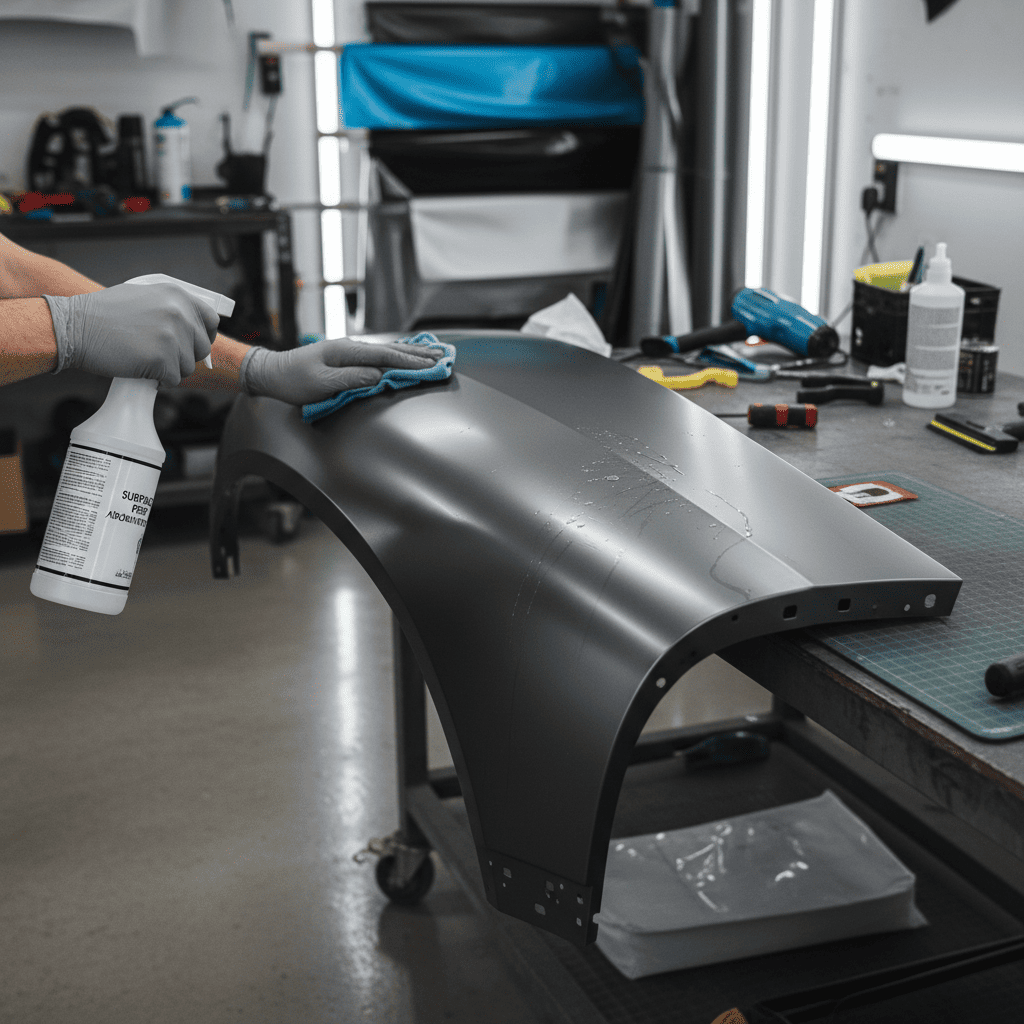 A gloved hand meticulously cleaning a car mirror with a special degreasing spray and a microfiber cloth