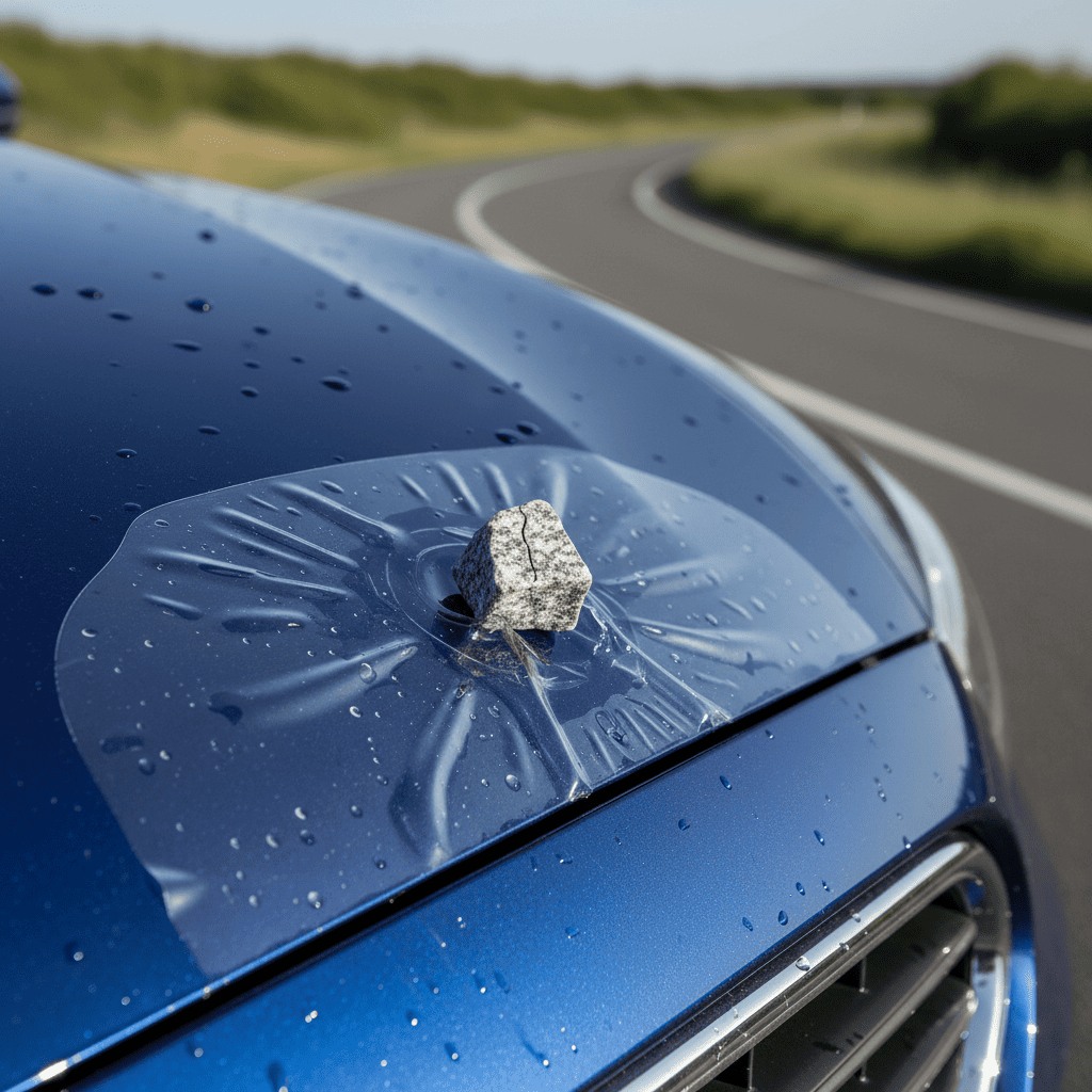 A close-up shot showing a rock bouncing off a car hood protected with invisible PPF, leaving the paint unharmed