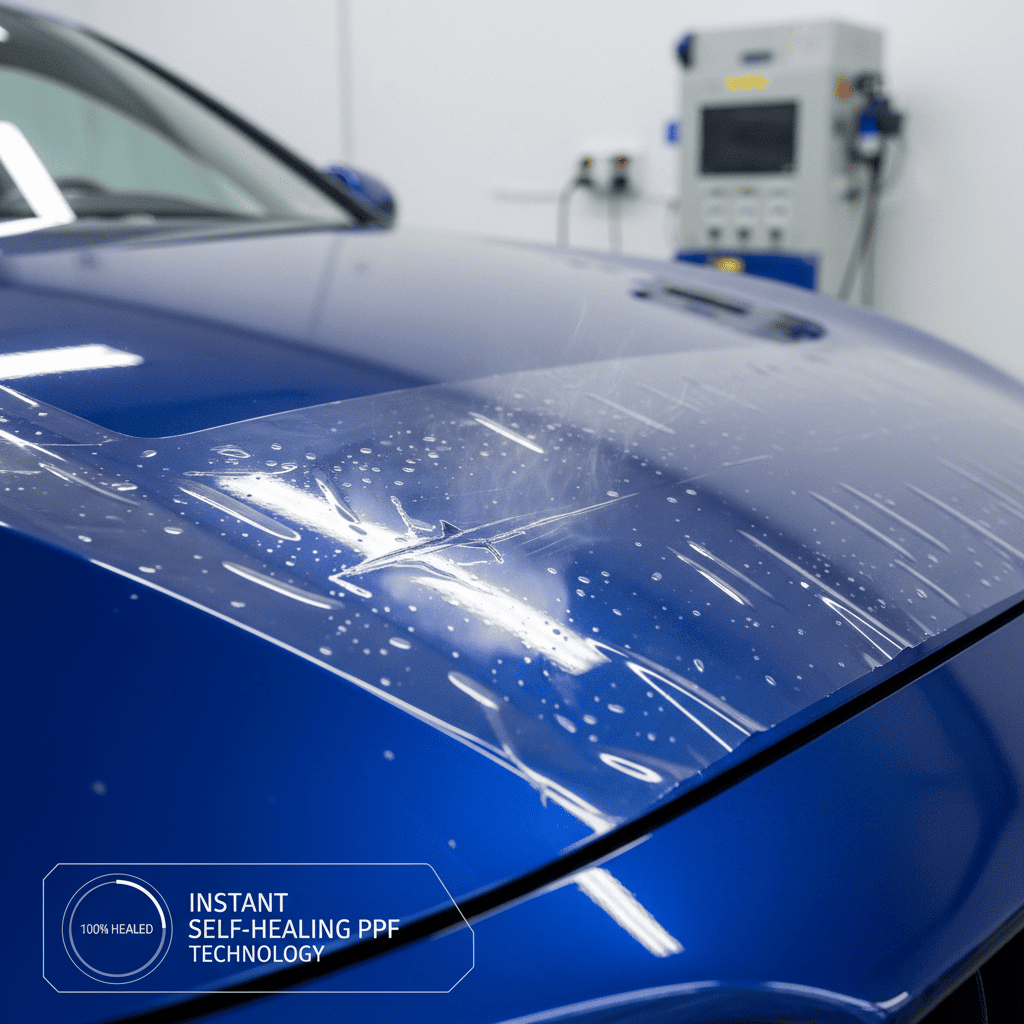 A microscopic view showing polymer chains in a PPF top coat instantly re-linking after being scratched