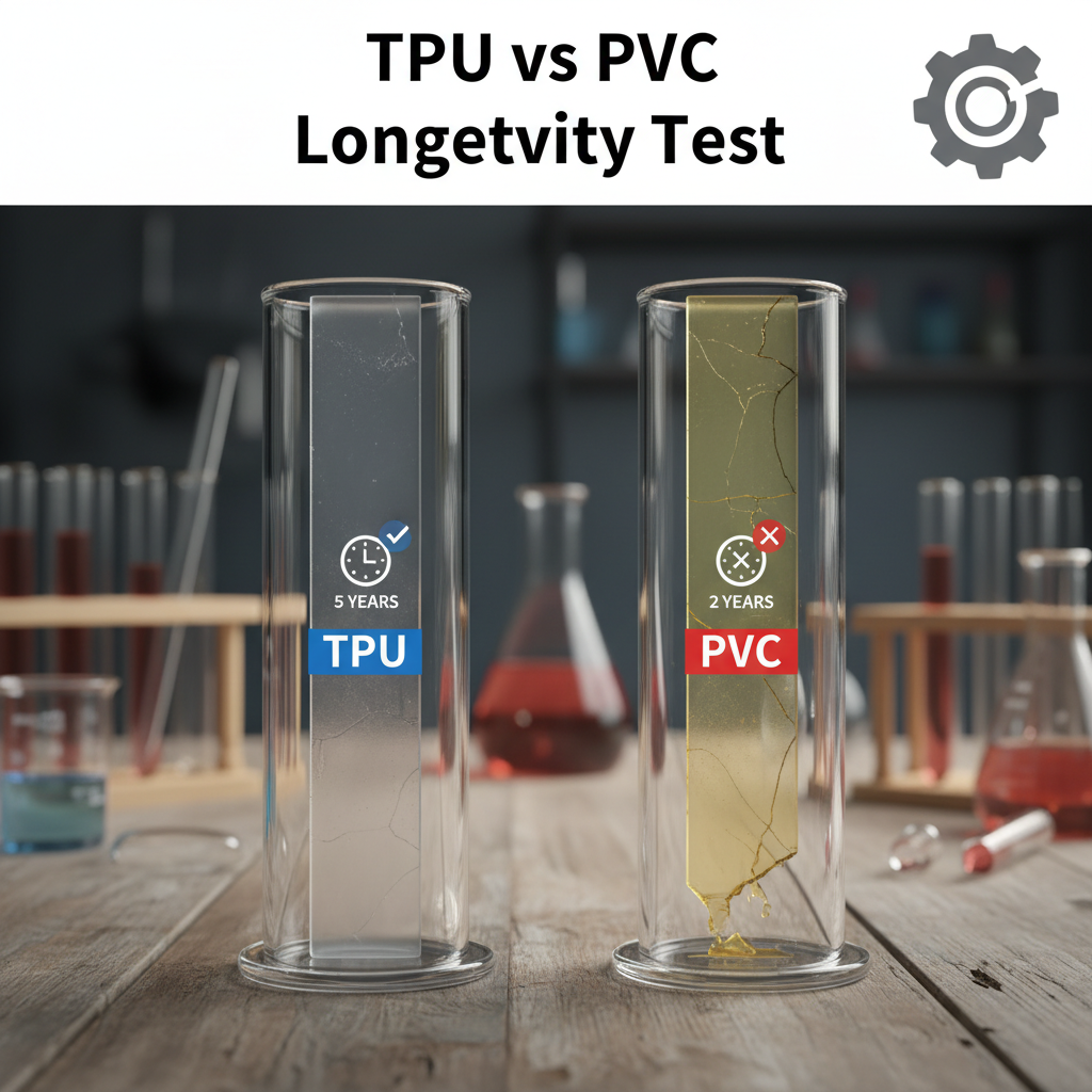 A side-by-side comparison of a yellowed, cracked PVC film next to a pristine, clear [TPU film](https://carlikewrap.com/blogs/news/everything-you-need-to-know-about-tpu-car-wraps?srsltid=AfmBOoqUpAt4LHA45r4Ex-GNitaecw5i-CPFwFRfdkjGymVI6J1bV2o_)[^1] after simulated sun exposure