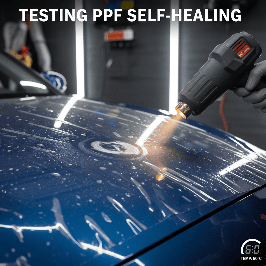 An installer using a heat gun to make a light scratch vanish from a piece of PPF