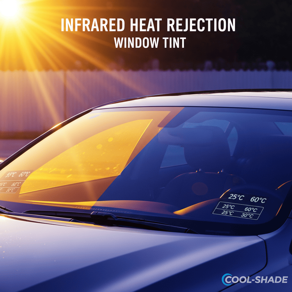 An infographic showing infrared heat rays being reflected away from a car window with ceramic solar film