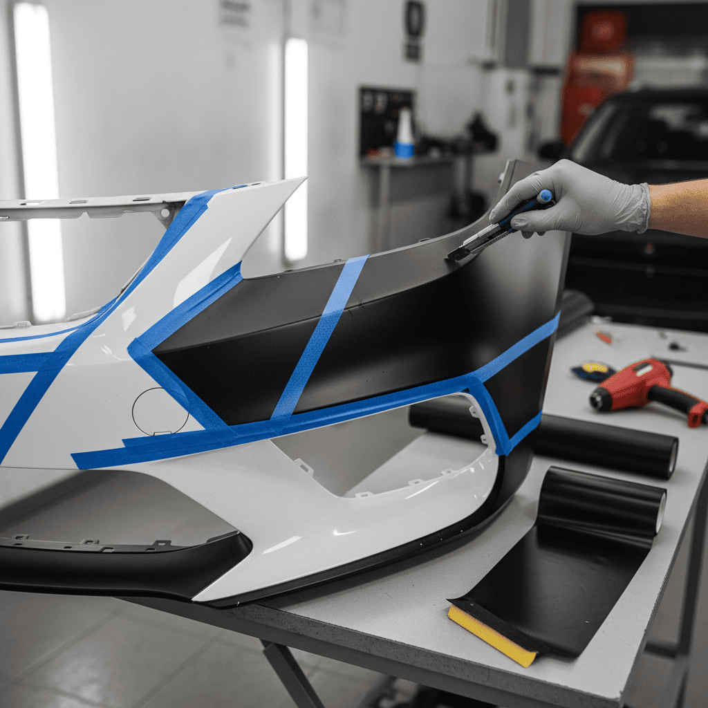 A close-up shot of a car bumper with masking tape outlining separate sections for vinyl application
