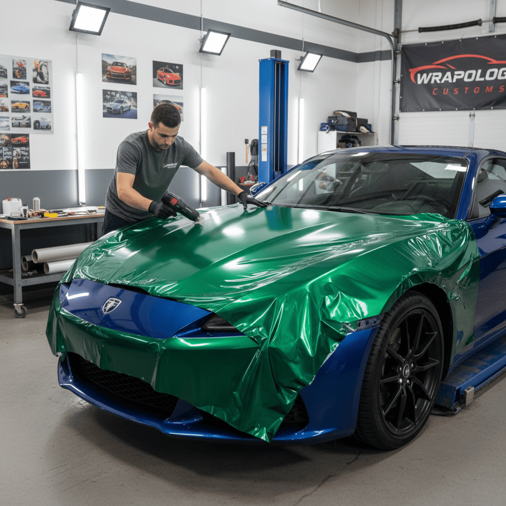 A car being transformed with a high-gloss color change [vinyl wrap](https://www.vinylfrog.com/blogs/car-wrap-tips/pros-and-cons-of-wrapping-a-car?srsltid=AfmBOoqrZTSS1B1FfQ1RMBRJqGm-AhlfvMnvdiSHde_Ug0jKVCZaP8ML)[^5], showing the original paint underneath