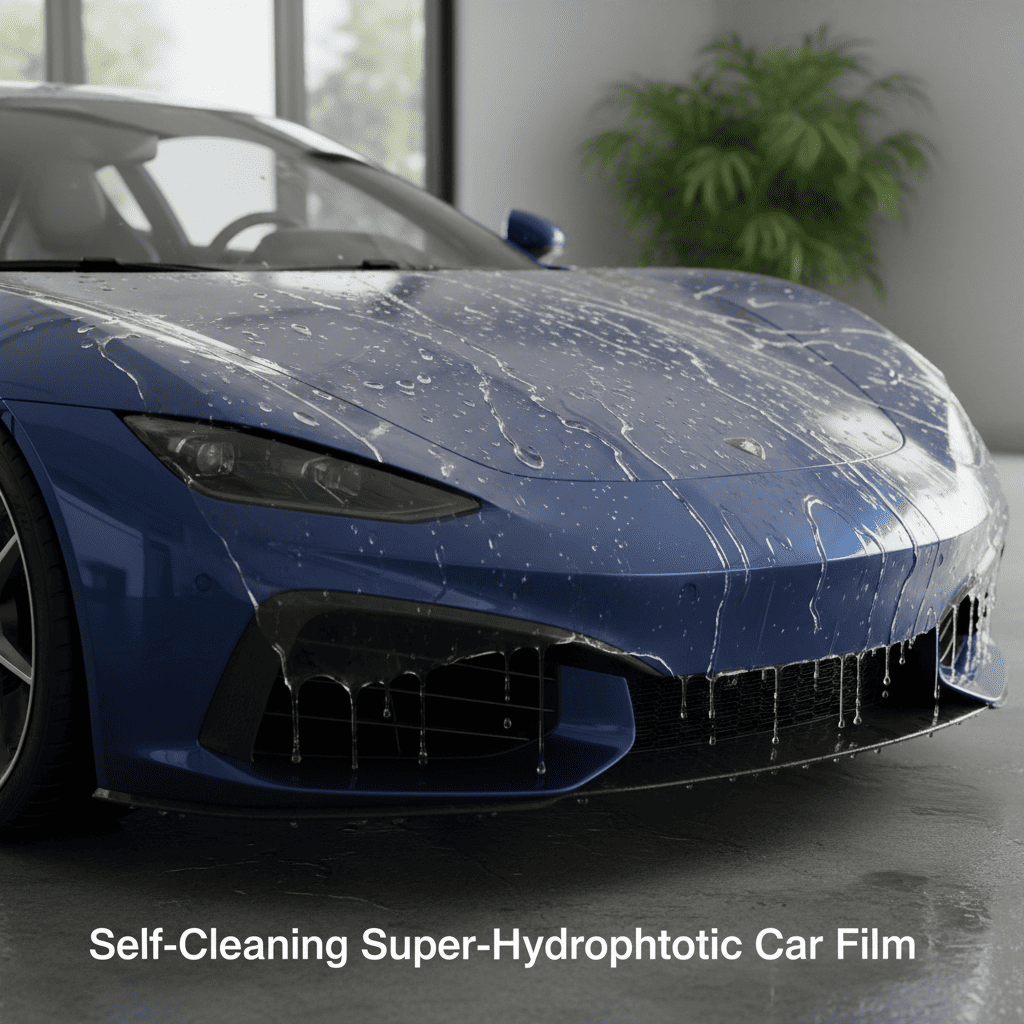 Rainwater beading up and rolling off a car hood treated with [super-hydrophobic](https://www.platinumplusmobiledetailing.com/superhydrophobic-feature-of-ceramic-coating)[^2] PPF, taking dirt with it