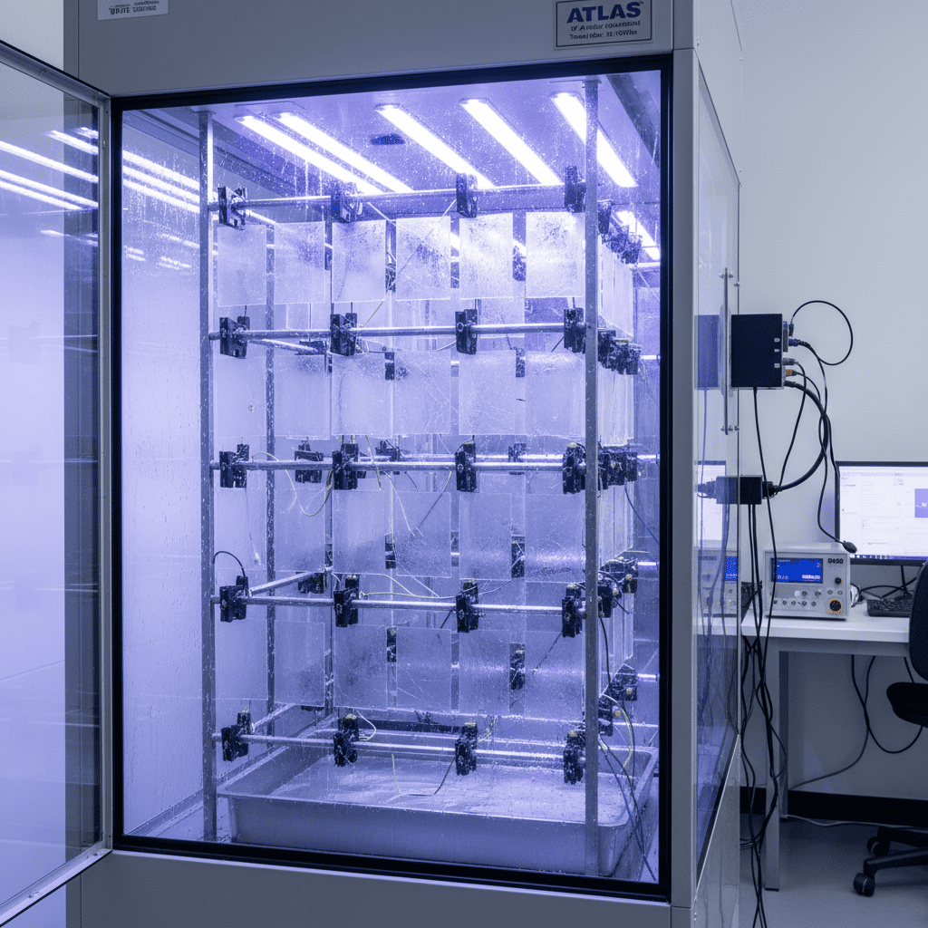 An accelerated weather testing machine in a lab, showing film samples being exposed to intense UV light