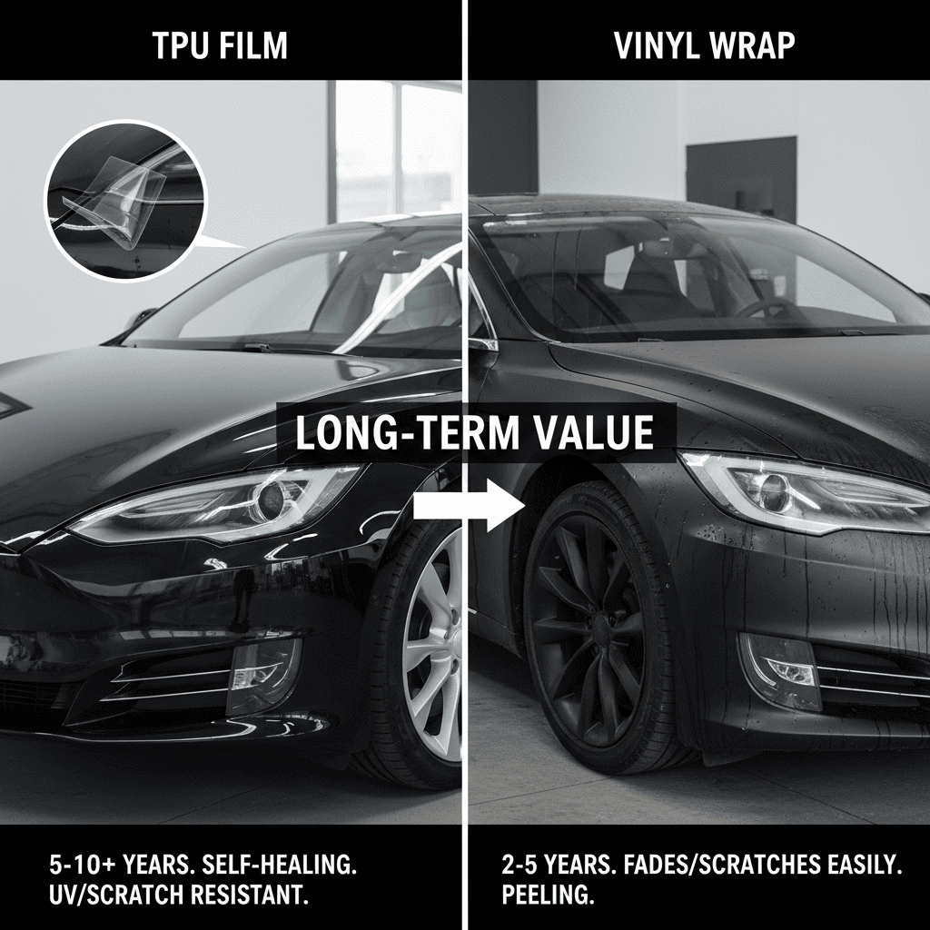 A pristine car with a perfect TPU wrap next to a car with a peeling, faded vinyl wrap after a few years