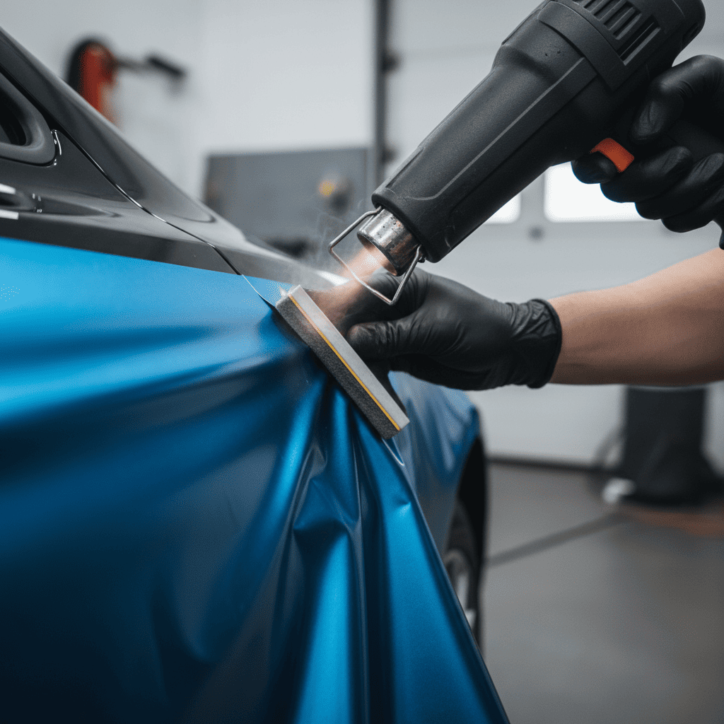 An installer using a [heat gun](https://www.youtube.com/watch?v=Tf4zBdF_N5M)[^4] with a digital thermometer to carefully post-heat the edges of a wrapped car bumper