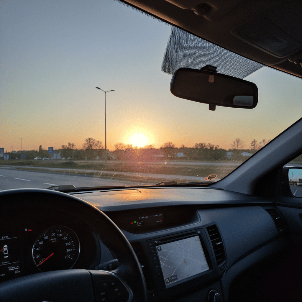 A driver's point-of-view showing a clear road ahead through a tinted window, with the sun's glare visibly reduced