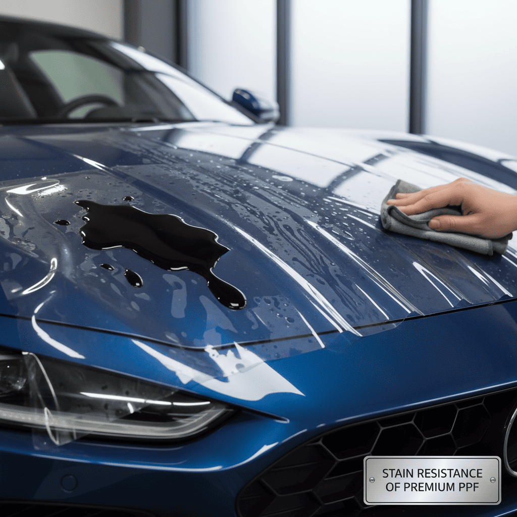 A graphic showing a bird dropping on a stain-resistant PPF, which wipes away cleanly without leaving a mark